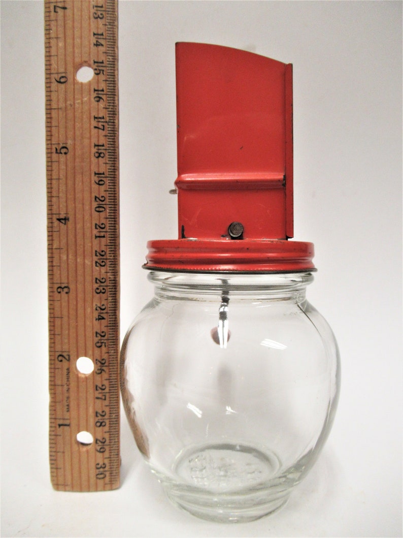 1950s Gadget Grinder with Wooden Knob Handle Red Tin Top Hazel Atlas Glass Nut Chopper # 5935 Vintage Orange