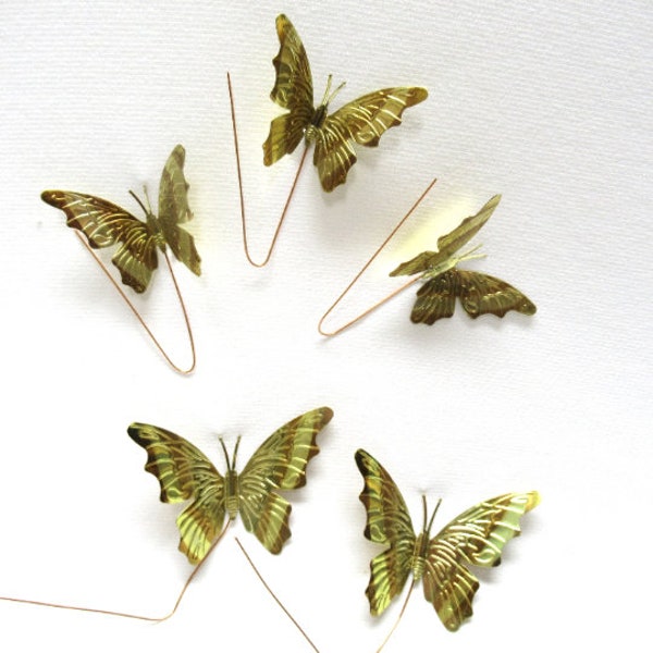 5 Vintage Homco Metal Butterflies on Picks, Burnished Pressed Brass & Copper, 3D Butterfly Hanging Metalwork, in Orig Box 3" or 2" wide