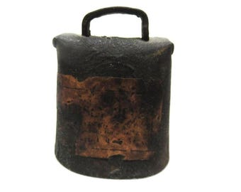 Vintage 3" Jersey Cow Bell w/ Old Paper Label, Cast Iron Forged with Pinned Sides, Very Rustic Antique Primitive Farm Animal Sheep
