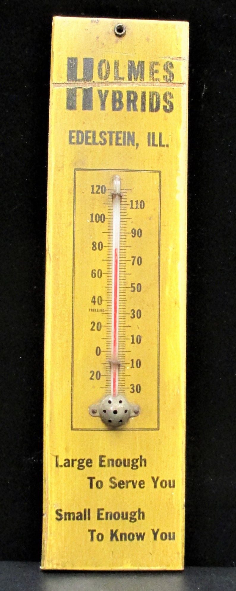 11.5 tall Vintage Holmes Hybrids Thermometer on Wood Illinois Seed Corn Advertising Farm Collectible Memorabilia