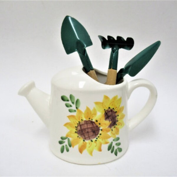 Vintage Small Ceramic Water Can w/ Mini Gardening Tools, Sunflower Stoneware Sprinkler with Plant Tools; Rake Spade Shovel 3.5"