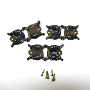 3 Antique Furniture Keyhole Escutcheons, CHIPPY Black Painted Pressed Brass Ornate Vintage Covers for Skeleton Key Drawers, 2.25&quot; x 1&quot;