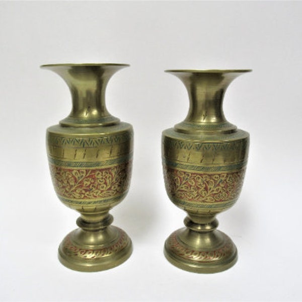 Vintage pair of Solid Brass India Vases Etched and Enamel Painted...in Gift Giving Condition! 6" tall...price for both