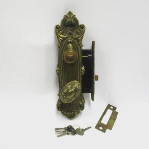 Antique BL Co Brass Door Knob Set w/ Original ORNATE Plates, Vintage Salvaged 2.5" Oval Doorknobs, Escutcheons, Lock Set and Keys
