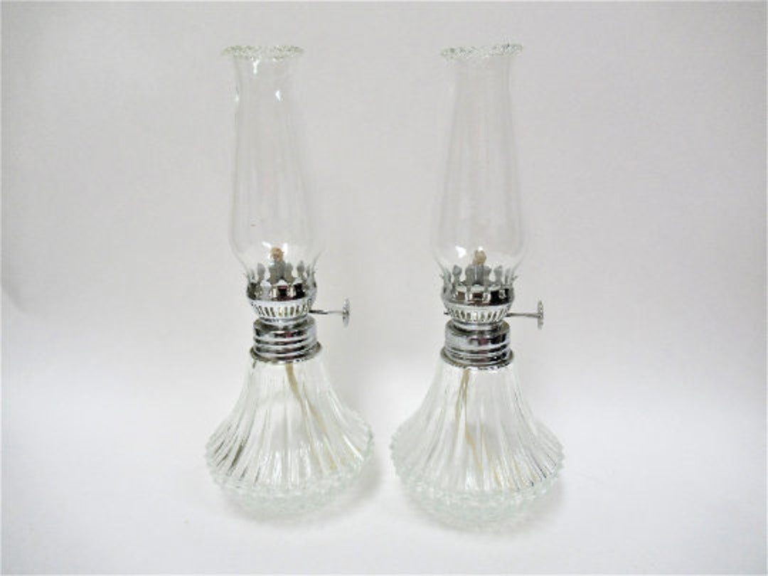 Vintage Small Lamplight Farms Hurricane Oil Lamps, Ribbed Clear Glass