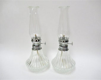 Vintage Small Lamplight Farms Hurricane Oil Lamps, Ribbed Clear Glass Bell Shaped Set, Table Kerosene Lanterns,  9"...price for both