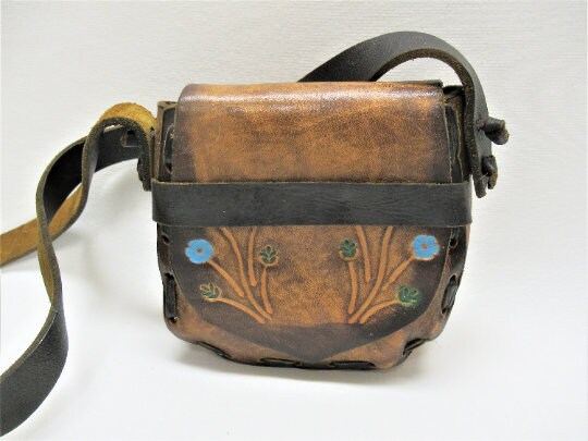 Vintage SMALL Tooled Handbag, Mini Leather Shoulder Bag With