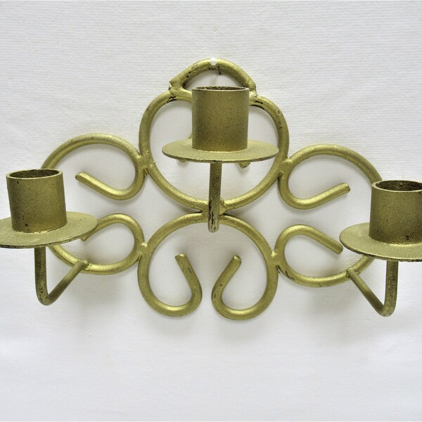 Vintage Chippy Gold Iron Candleholders, Ornate Hanging 3 Taper Heavy Metal Holder, Rustic Décor, 15" long