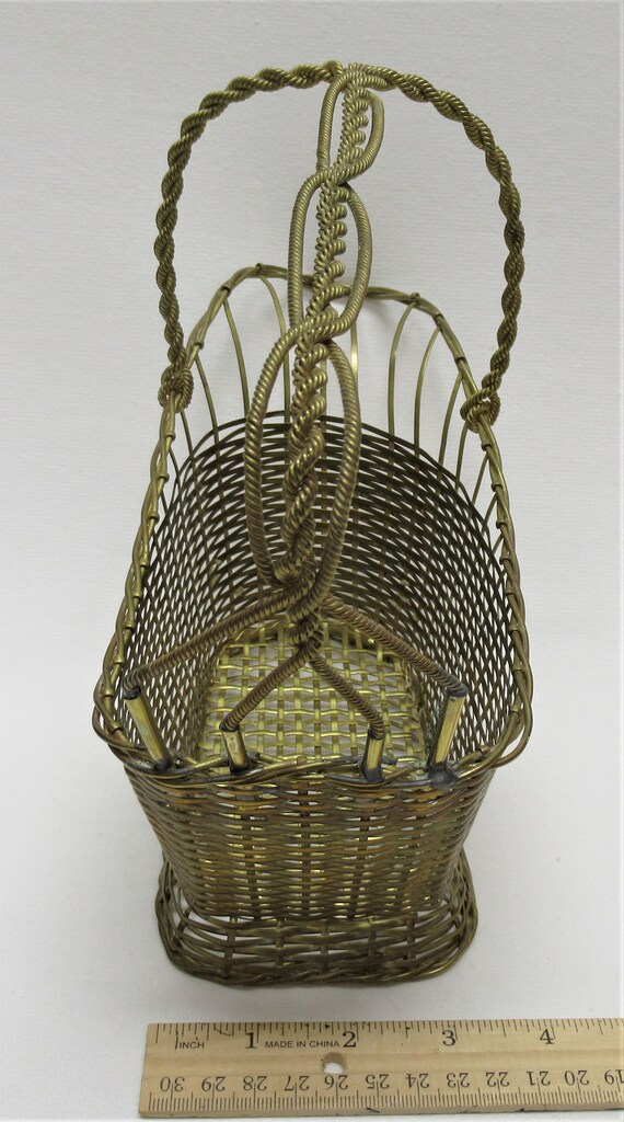 Vintage Woven BRASS Wine Bottle Basket, Twisted M… - image 5