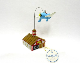 Vintage George Good "Flying School" Music Box with Rotating Airplane, 1986 plays ... "I am Sitting on Top of World"  Taiwan 7" tall
