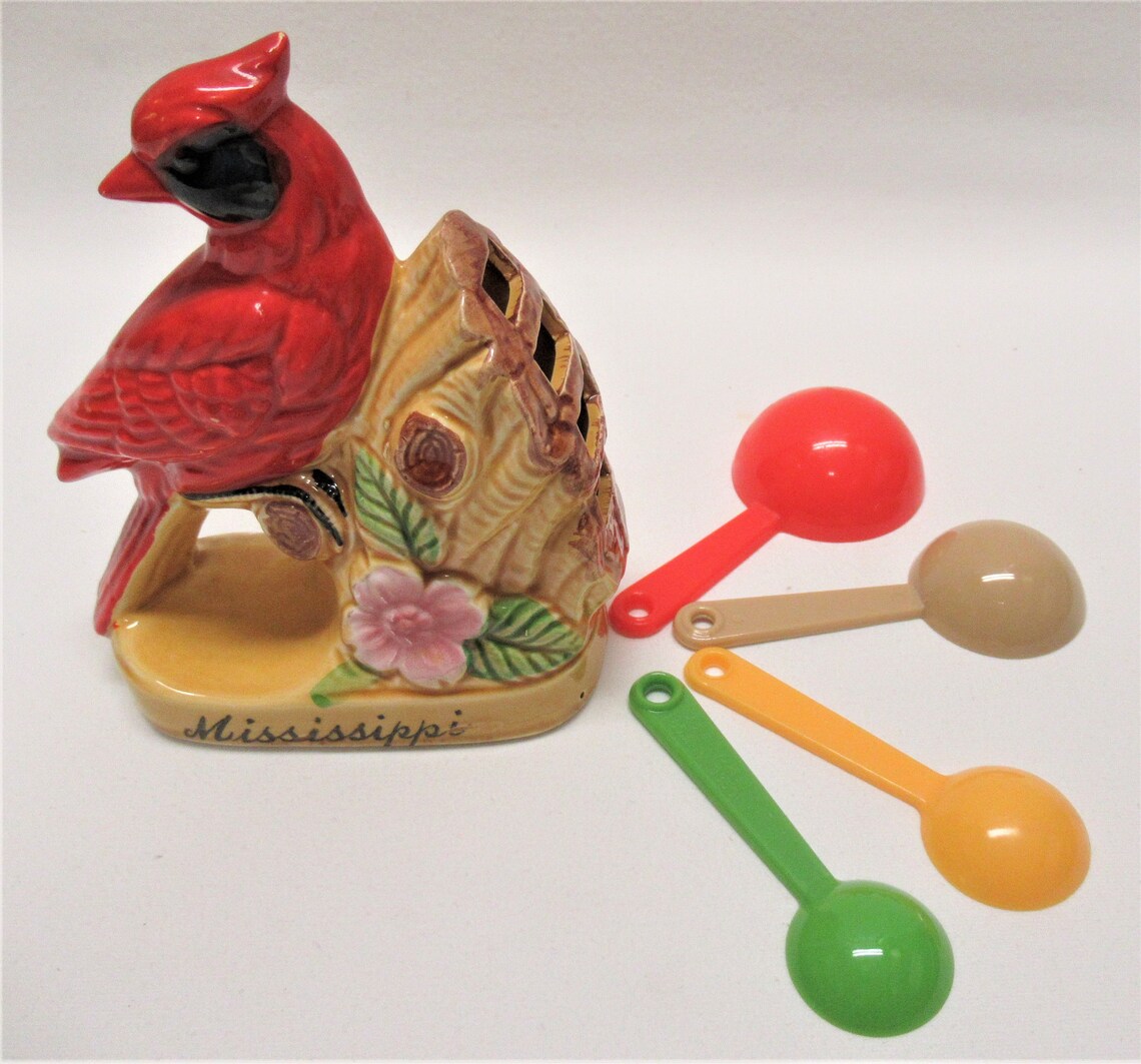 Vintage Ceramic Redbird Measuring Spoon Holder Souvenir Etsy