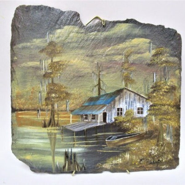 Vintage Lake House Painted on Slate, Southern Scene with Row Boat and Hanging Moss, Wall Hanging Folk Art Oil in Browns & Gold, 10" x10"