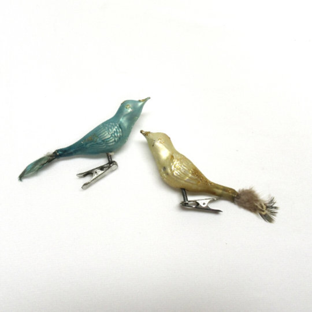 2 Vintage Mercury Glass Clip on Bird Ornaments Blue & Gold Etsy