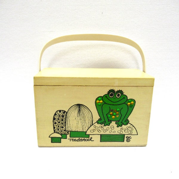 Vintage Enid Collins "Toadstool"  Box Bag, 1970 Original Be- Jeweled Frog Sitting on Mushroom, Wooden Purse w/Handle & Mirror, 7"x4.5"x3.5"