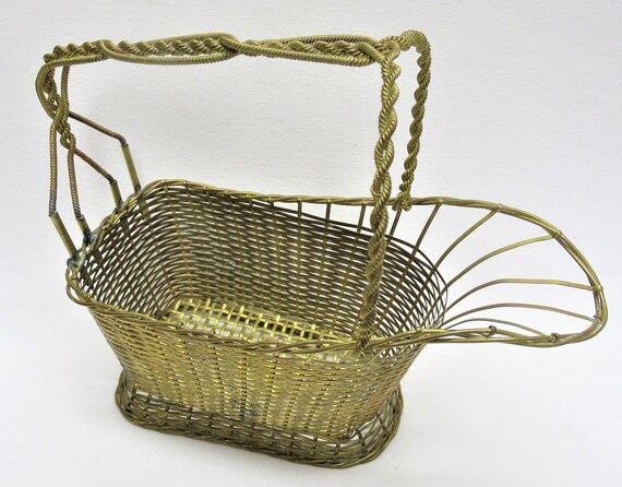 Vintage Woven BRASS Wine Bottle Basket, Twisted M… - image 2