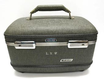 Vintage Gray Vinyl Tweed American Tourister Train Case, "Tri-Taper" Vanity Makeup Luggage, Travel Baggage Carry On, Needs TLC ...As - Is