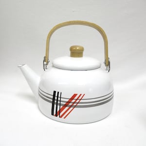 Vintage White Porcelain Enamel Tea Kettle w/ Gray, Red, Black Design, 1980s Teapot Made Taiwan for Kmart Enamelware Pot, orig box Never Used