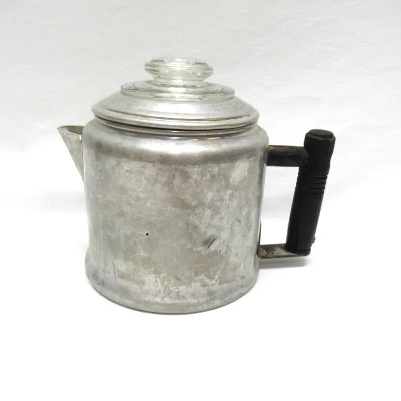 Vintage SMALL Aluminum Percolator, 2-4 cup w/Glass Knob Top & Black Wood Handle, TINY 1950s Coffee Pot Stovetop Camping Hiking, RUSTIC ! 5 Vintage SMALL Aluminum Percolator, 2-4 cup w/Glass Knob Top & Black Wood Handle, TINY 1950s Coffee Pot Stovetop Camping Hiking, RUSTIC ! 5