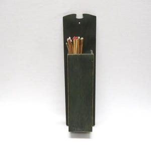 Vintage Green Painted Wood LONG Matchstick Holder, Rustic Simple Handcrafted Wooden Match Stick Safe Keeper, Fireplace Stove Decor, 14.5&quot;