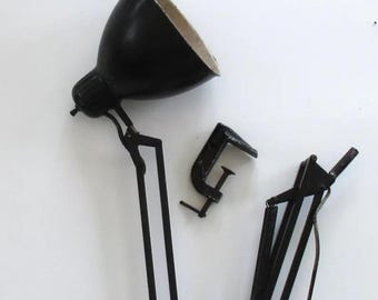 Vintage Luxo Black Industrial Desk Lamp L1 Sweden, 1950s Drafting Articulating w/ Springs Adjustable Artist Task Lighting w/orig Clamp Mount