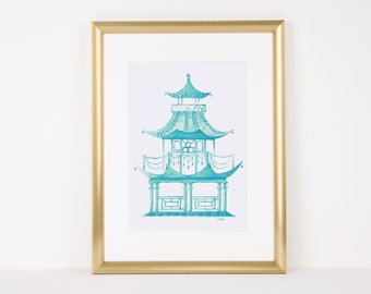 Light Blue Pagoda, Hand Painted Watercolor, Digital File Only, Personal and Small Business Use