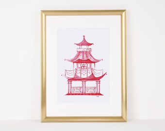 Red Pagoda, Hand Painted Watercolor, Digital File Only, Personal and Small Business Use