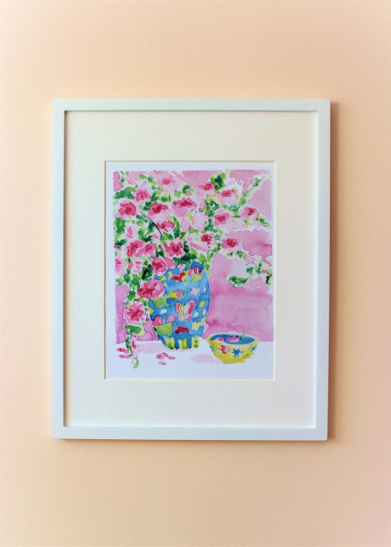 Pink Cherry Blossoms in a Colorful Ginger Jar, Pink Flowers in a Ginger