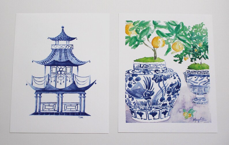 Citrus Trees and Blue Ginger Jars on a Light Lavender Table Cloth image 3