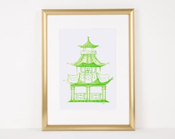 Lime Green Pagoda, Hand Painted Watercolor, Digital File Only, Personal and Small Business Use