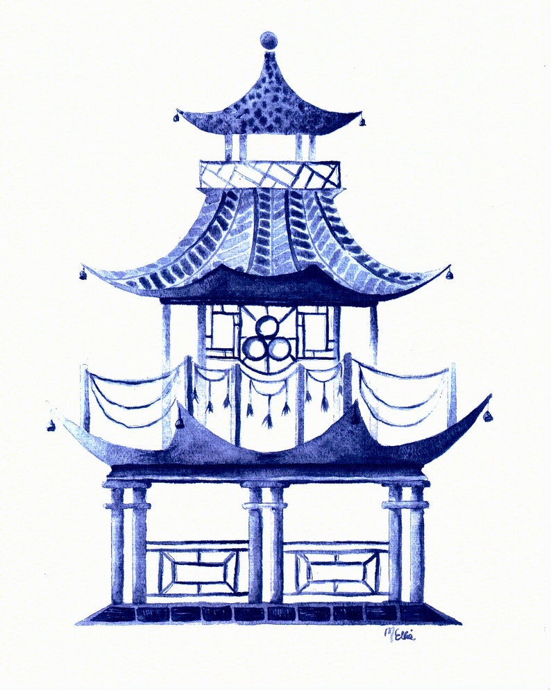 Blue Pagoda Watercolor Art Print image 1