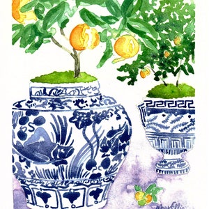 Citrus Trees and Blue Ginger Jars on a Light Lavender Table Cloth