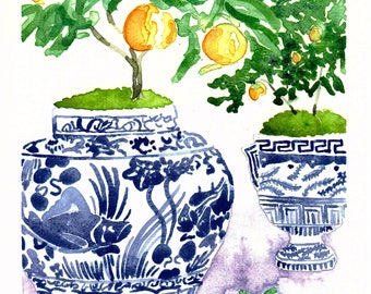 Citrus Trees and Blue Ginger Jars on a Light Lavender Table Cloth