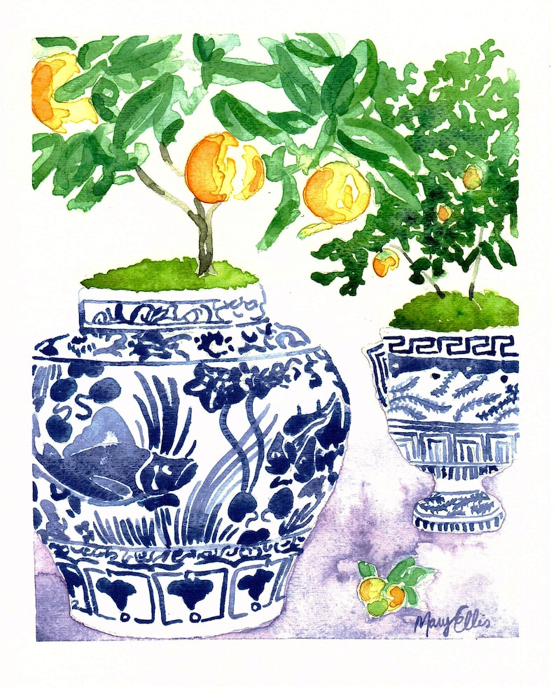 Citrus Trees and Blue Ginger Jars on a Light Lavender Table Cloth image 1