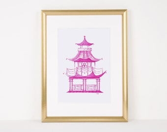 Magenta Pink Pagoda, Hand Painted Watercolor, Digital File Only, Personal and Small Business Use