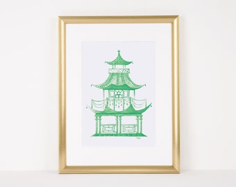 Green Pagoda, Hand Painted Watercolor, Digital File Only, Personal and Small Business Use