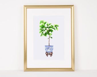 Fiddle Leaf Fig in a Blue and White Fish Bowl, Hand Painted Watercolor, Digital File Only, Personal and Small Business Use