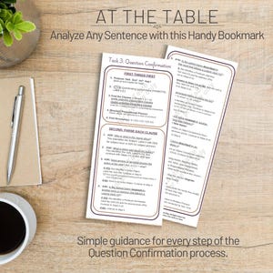 May include: A white educational bookmark with dark brown text titled At The Table, featuring a step-by-step guide for Task 3: Question Confirmation. The bookmark includes instructions for identifying clauses, subjects, verbs, and prepositional phrases.