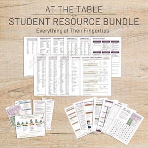 May include: A collection of educational printed documents titled AT THE TABLE STUDENT RESOURCE BUNDLE Everything at Their Fingertips. The bundle includes various white sheets with black text, charts, and tables covering topics like prepositions, verbs, and bibliography building.