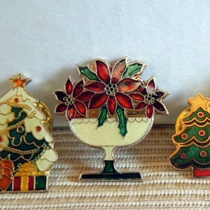 Vintage Metal Christmas Hat, Vest or Lapel Pins, Poinsettia, Snowman and Trees