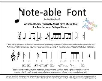 Note-able Font - Easily type rhythm notation, articulations, Curwen hand signs and stick notation to create worksheets, posters, slides, etc