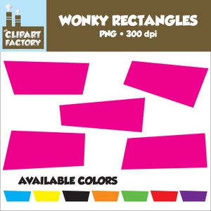 May include: Five pink wonky rectangles, with a title that reads "Wonky Rectangles" and "PNG - 300 dpi". Below the rectangles, the text "AVAILABLE COLORS" is displayed with a row of ten small rectangles in various colors.