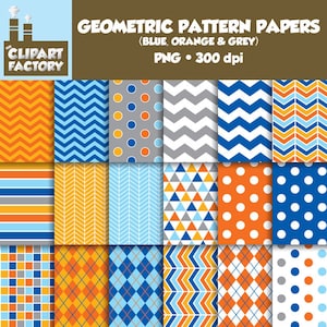 May include: A set of 16 digital paper patterns in blue, orange, and gray. The patterns include chevron, stripes, polka dots, triangles, and squares.