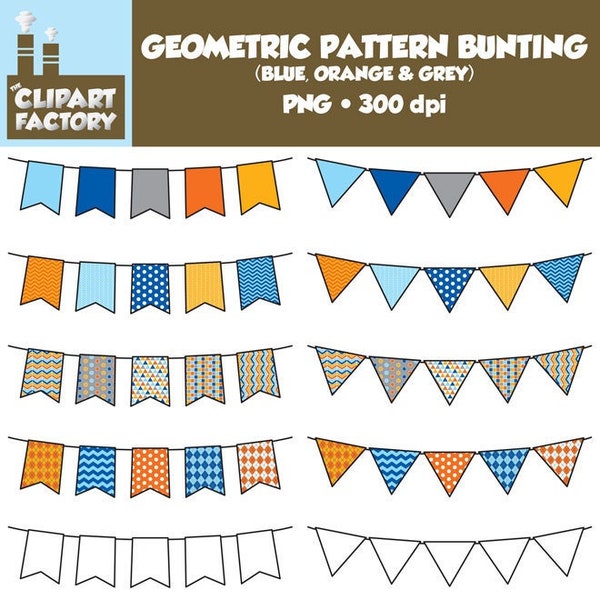 Clip Art: Geometric Pattern Bunting - 10 Fun Blue, Orange, Grey Banners