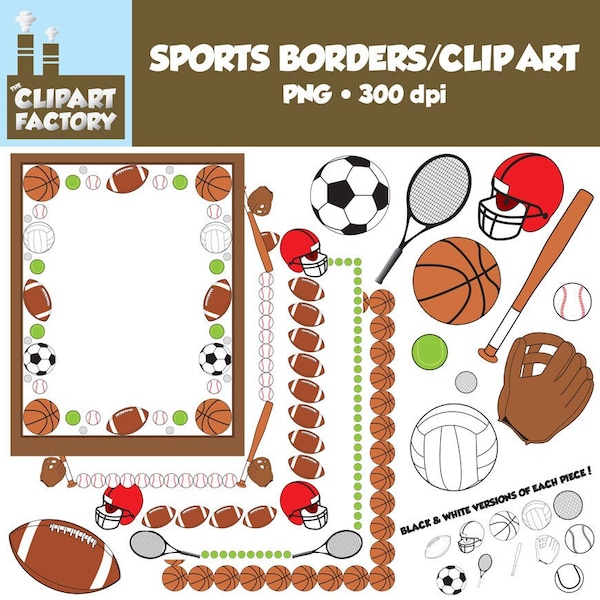 Clip Art: Sports Borders Clip Art - Borders and assorted sports equipment
