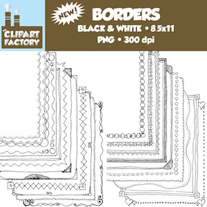 May include: A set of 10 black and white corner borders, drawn in a hand-drawn style. The borders are designed for use in digital scrapbooking, card making, and other paper crafts.