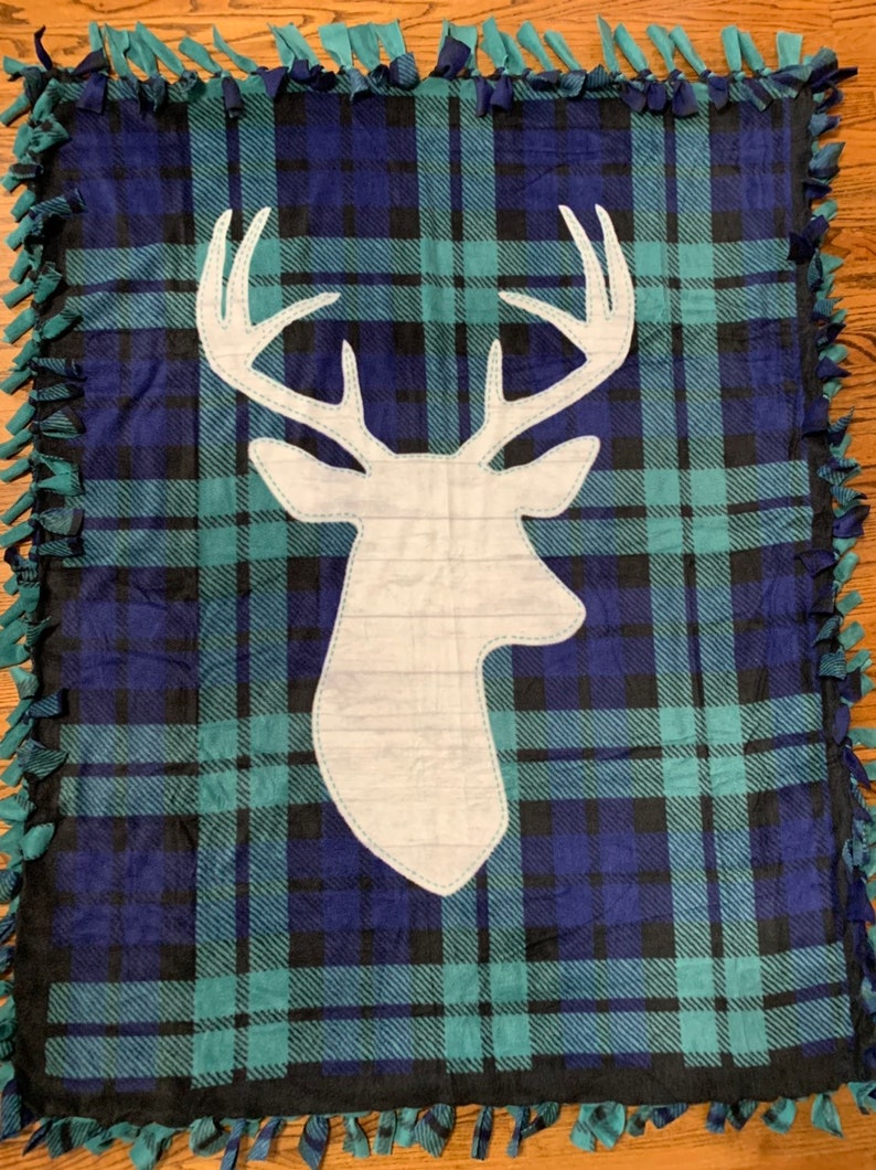 Plaid Deer Head Fleece Tie Blanket