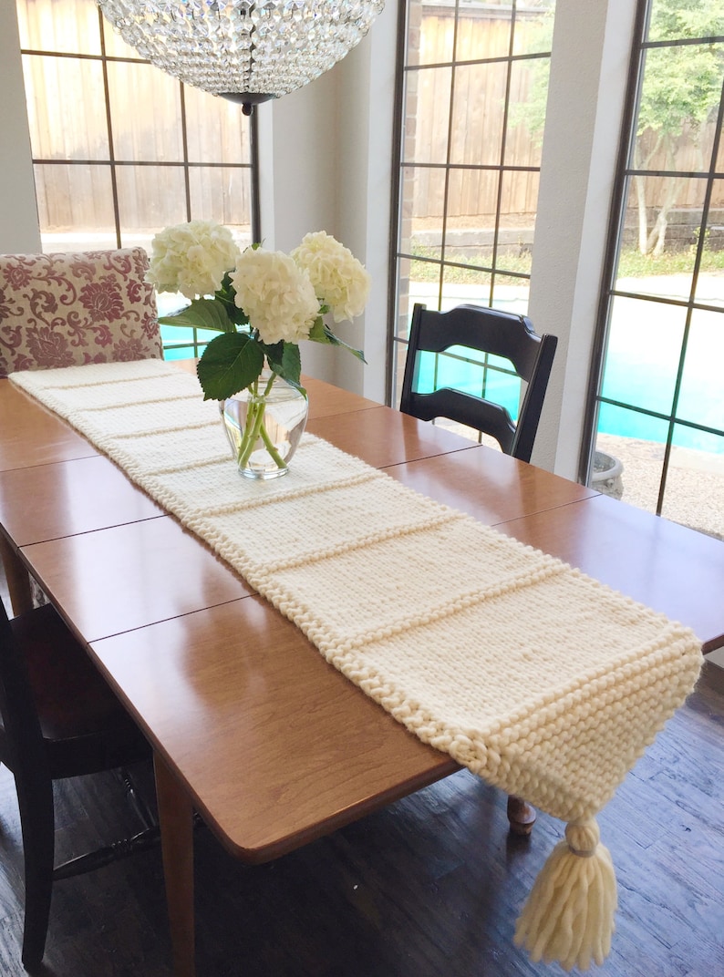 Knit table Runner with Tassels Pattern, hand-knit wool table runner pattern with giant tassels, House warming gift, table runner pattern image 5