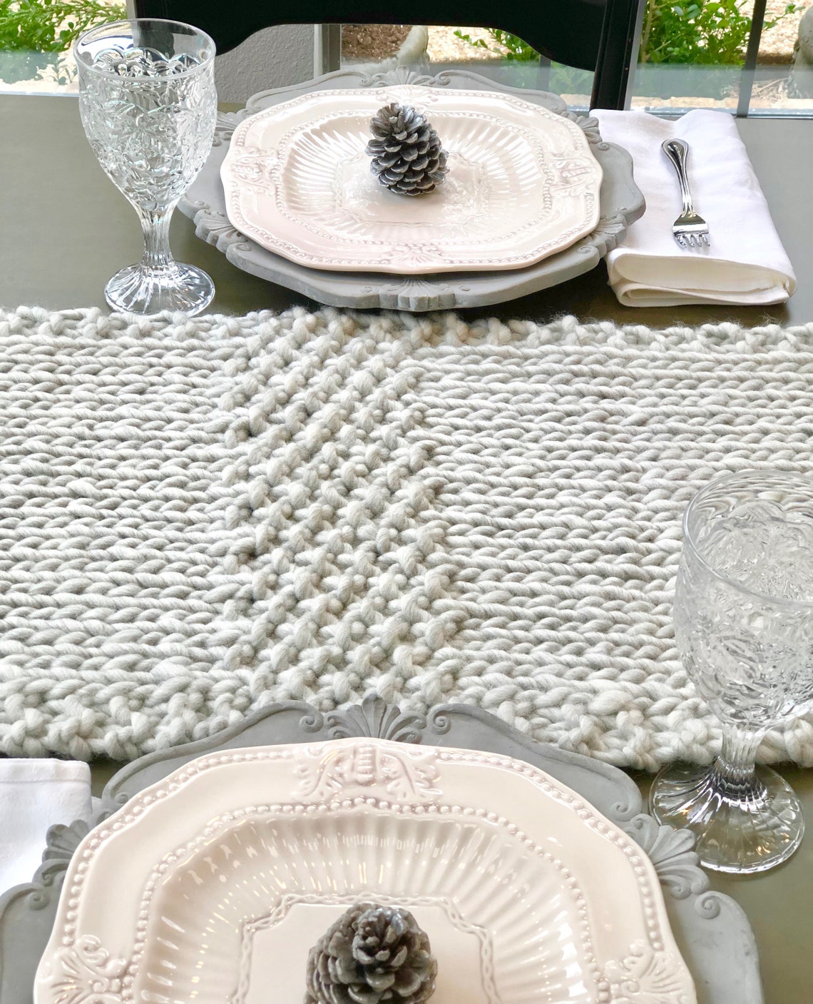 Knit Moss Stitch Table Runner Pattern, Handknit Moss Stitch Table