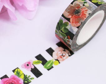 Floral Washi Tape, Pink Washi Tape, Black Washi Tape, Washi Tape Floral, Planner Accessories, Happy Planner, Bullet Journal, Washi Stickers