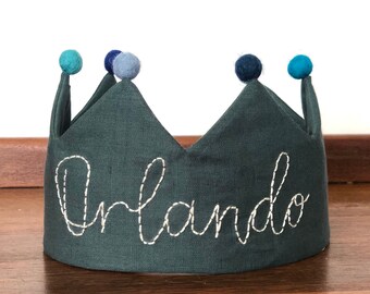 Green Linen Birthday Crown, personalised with name and felt Pom poms